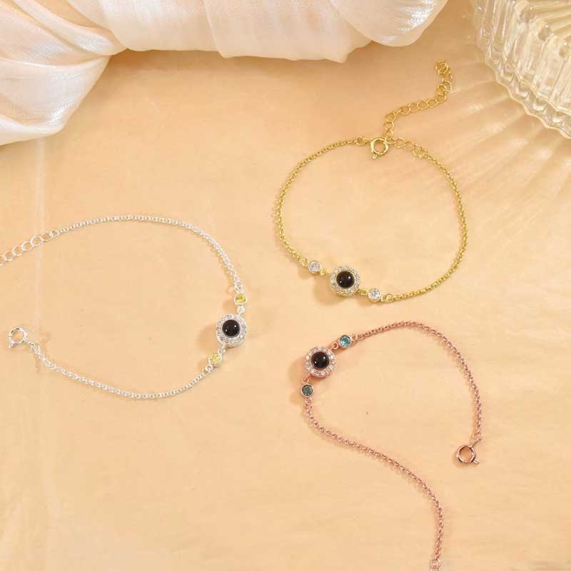 Personalized Projection Photo Bracelet Round Pendant With Diamonds And Birthstone Christmas Gift