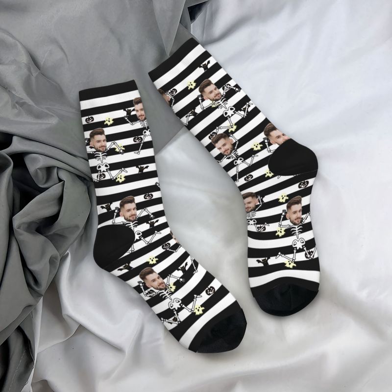 Customized Face Socks Black and White Striped Socks Spoof Skull Halloween Gift for Friends