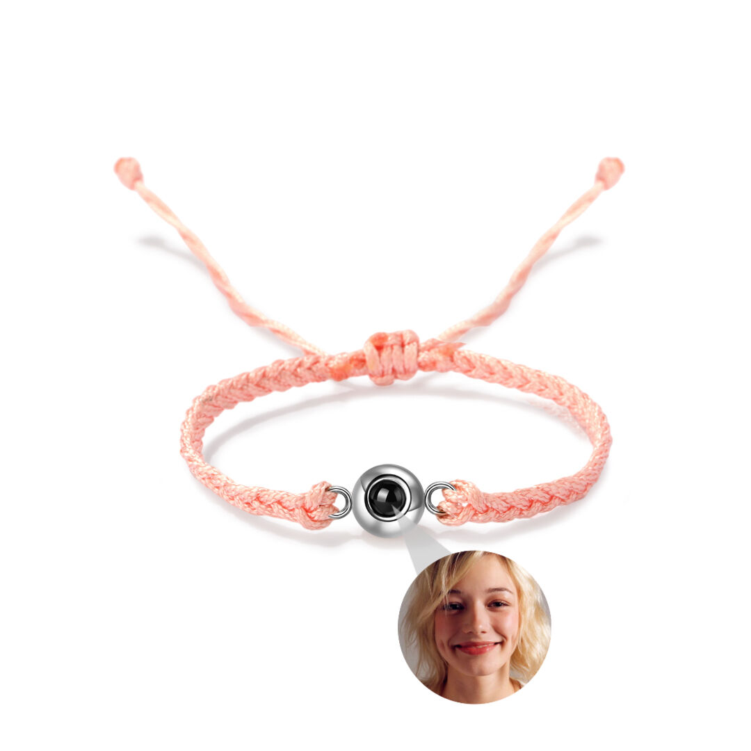 Bracelet Projecteur Photo Cercle Personnalisé pour Femmes et Hommes Argenté avec Corde Rose