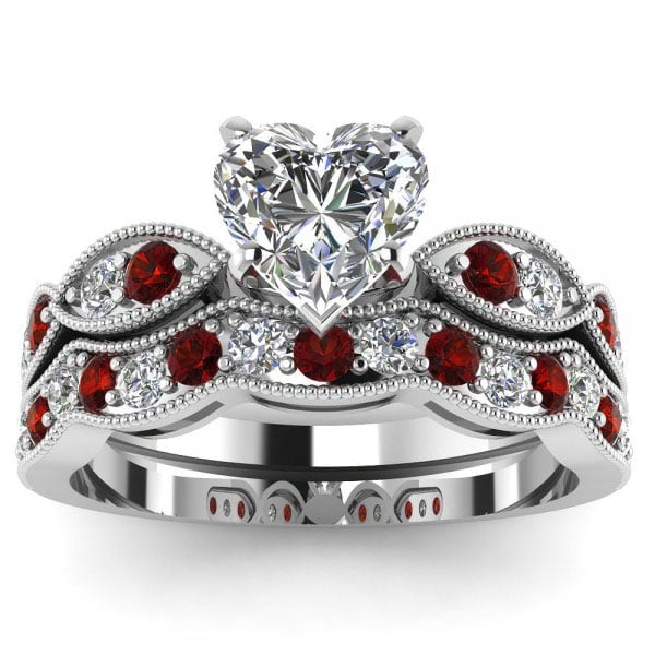 Ruby Red Bridal Wedding Ring Set Milgrain Heart Cut in Sterling Silver