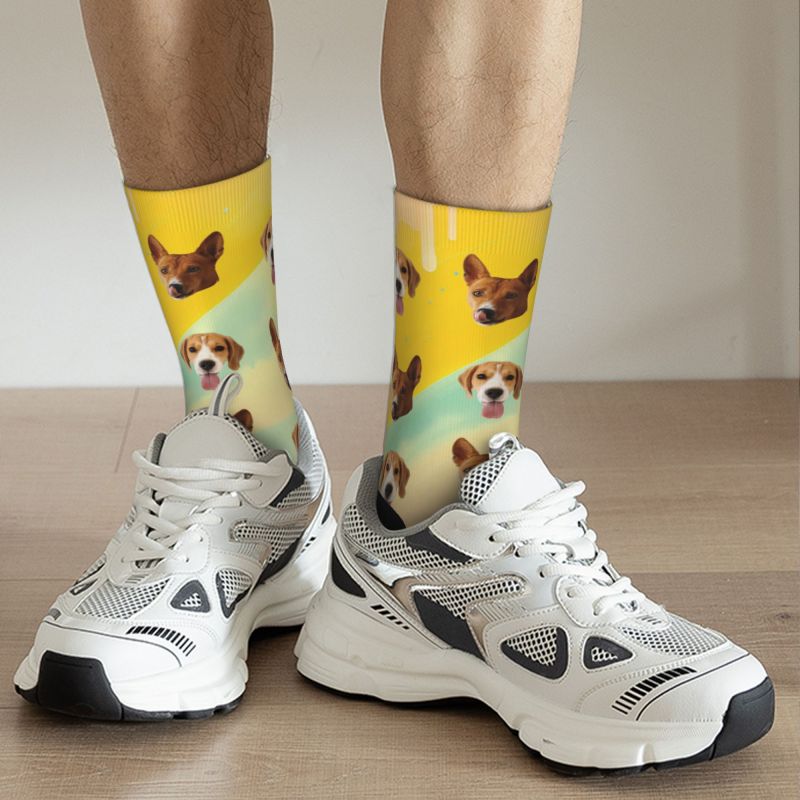 Personalized Tie Dye Face Socks Rainbow Printed with 2 Pet Photos