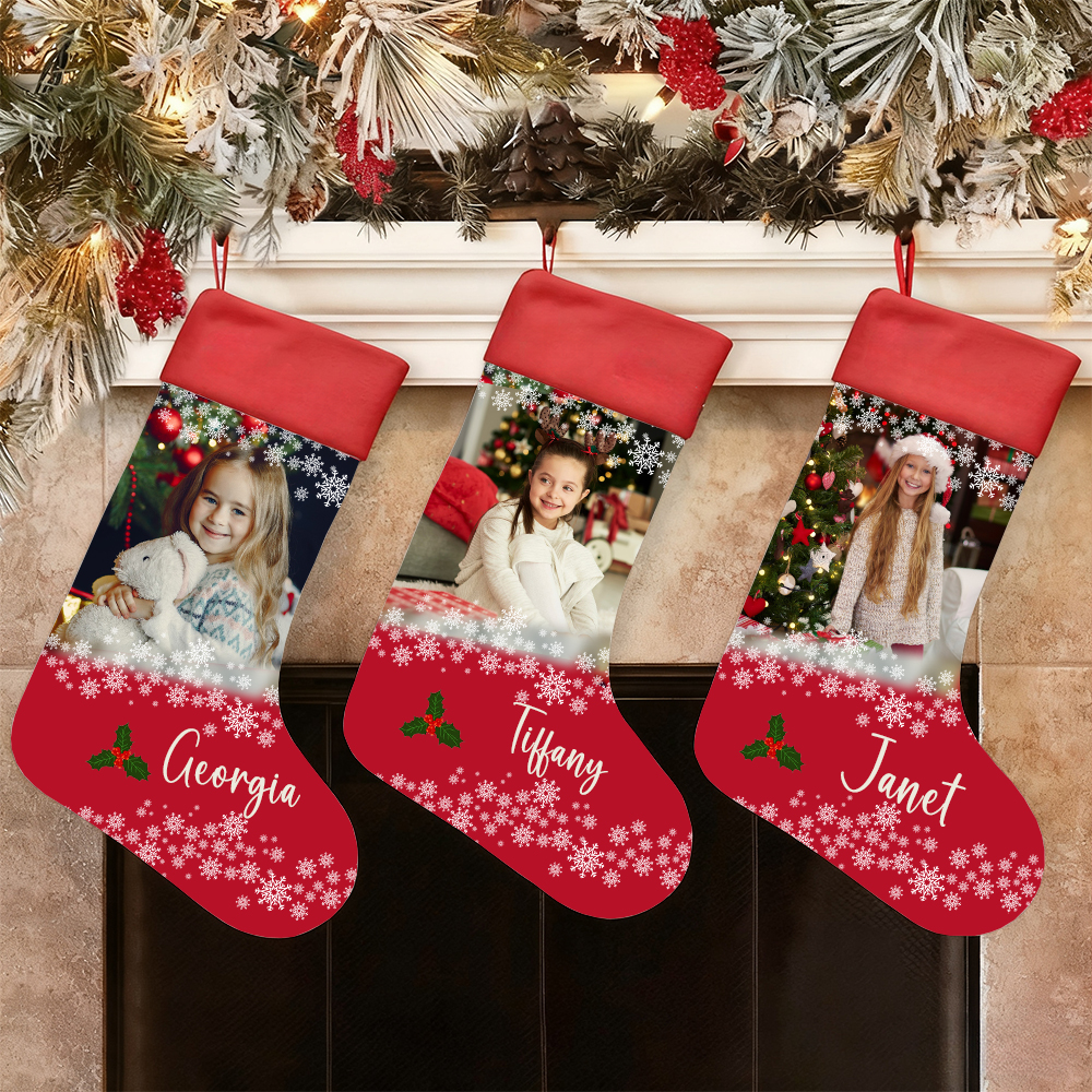 Personalisierte Weihnachtsstrümpfe mit Namen Foto und Schneeflocke Geschenk für Kinder