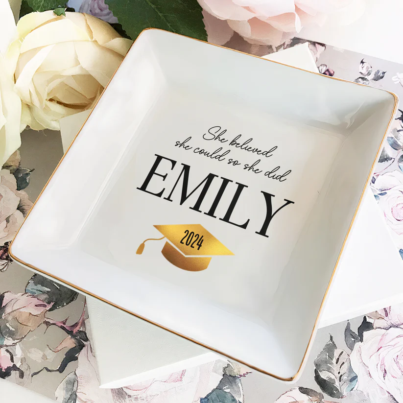 Personalized Name Jewelry Ring Dish with Graduation Cap Pattern Perfect Gift for Friend
