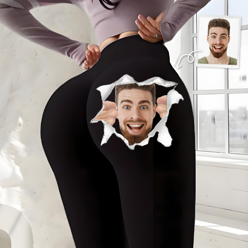 Leggings personalizados con foto de cabeza personalizada, diseño divertido con patrón de grietas, regalo creativo para sus amantes
