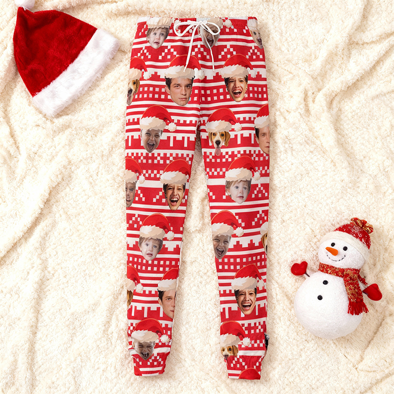 Personalized Unisex Sweatpants Custom Photo Santa Hat Design Christmas Gift for Family