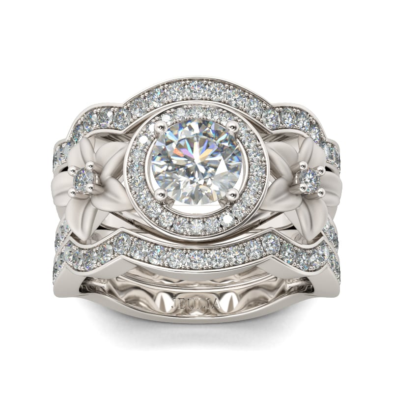 Jeulia Flower Round Cut Sterling Silver Ring Set