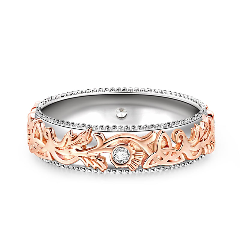 Jeulia Two Tone Thistle and Celtic Knot Carved Unique Sterling Silver Women's Band