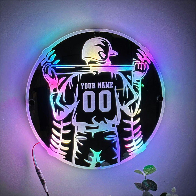 カスタマイズ 名入れ LED ミラー 発光 ライト ユニフォーム 野球 背番号 壁掛け 12色変化 屋内装飾 リモコン付き 壁フック付き