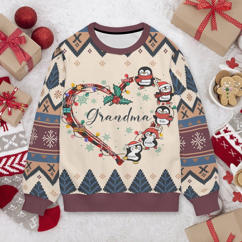 Personalisierter hässliche Weihnachtspullover Unisex Individueller Spitzname Niedliches Pinguin-Design für Kinder Perfektes Weihnachtsgeschenk für die Familie