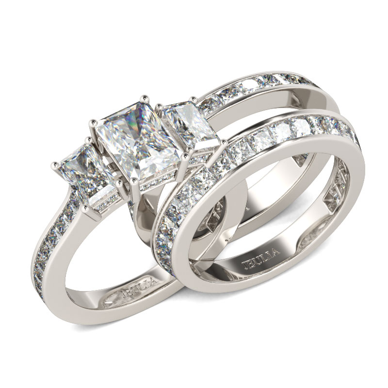 Jeulia 3PC Three Stone Radiant Cut Sterling Silver Ring Set