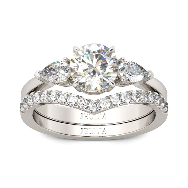 Sparkling Pear & Round Cut 3 Stone Wedding Ring Set Sterling Silver Bridal Set
