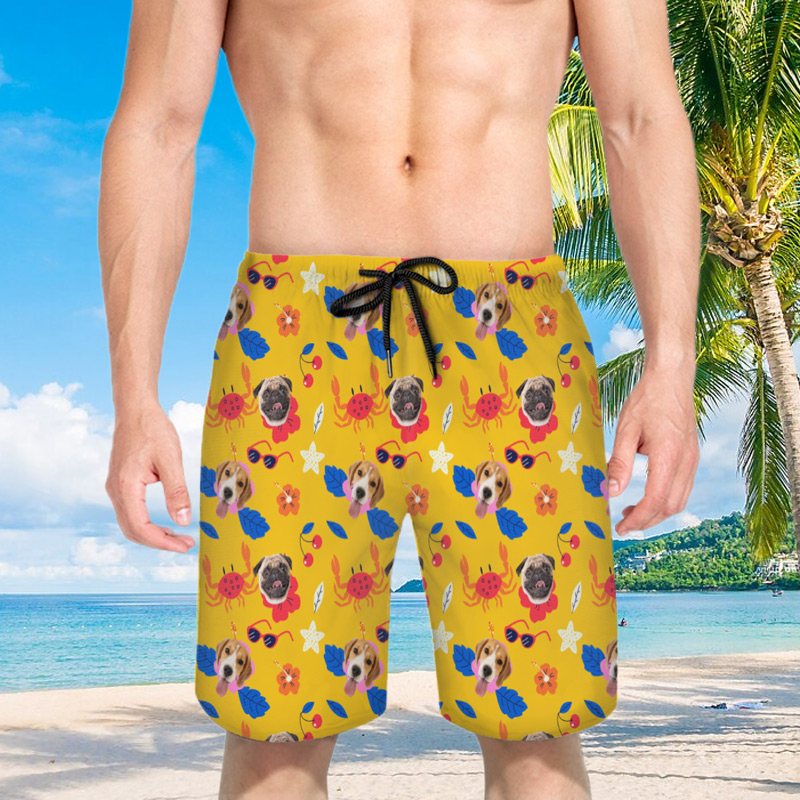 メンズ ビーチ ハーフパンツ 顔 写真 イラスト 似顔絵 オーダー ポリエステル