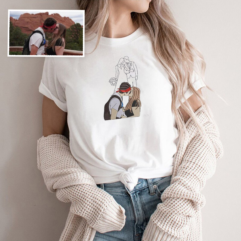 Personalized T-shirt Embroidered Custom Couple Photos Color and Outline Design Perfect Gift for Lovers