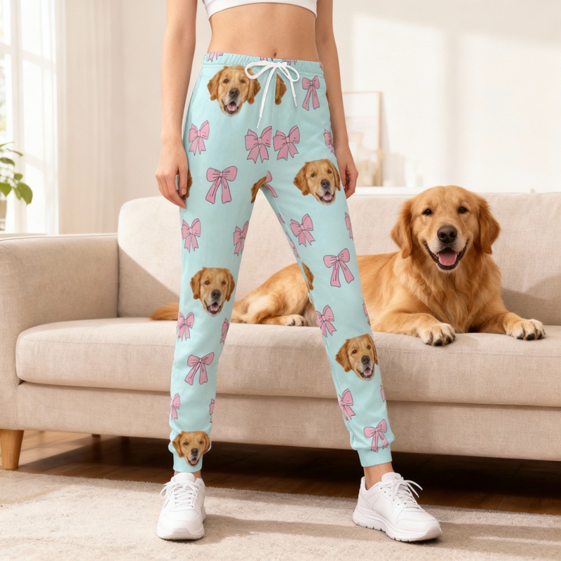 Personalized Unisex Sweatpants Custom Pet Head Photo Bow Design Perfect Gift for Pet Lovers