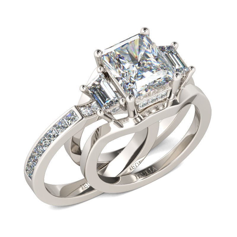 Tapered Baguette & Radiant Cut Sterling Silver Bridal Set Three Stone Wedding Ring Set
