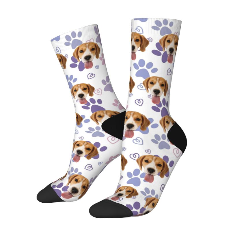 Personalized Face Socks with Cute Purple Dog Paw Prints to Add Pet Photos