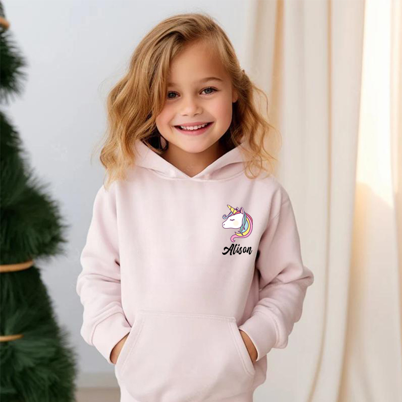 Sudadera con capucha personalizada para niños con nombre personalizado y patrón de unicornio, regalos para niños