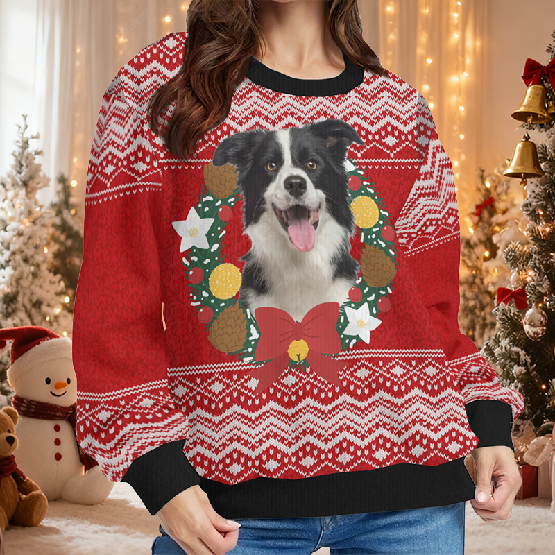 Personalized Ugly Sweater Unisex Custom Pet Head Photo Christmas Wreath Design Perfect Gift for Pet Lovers