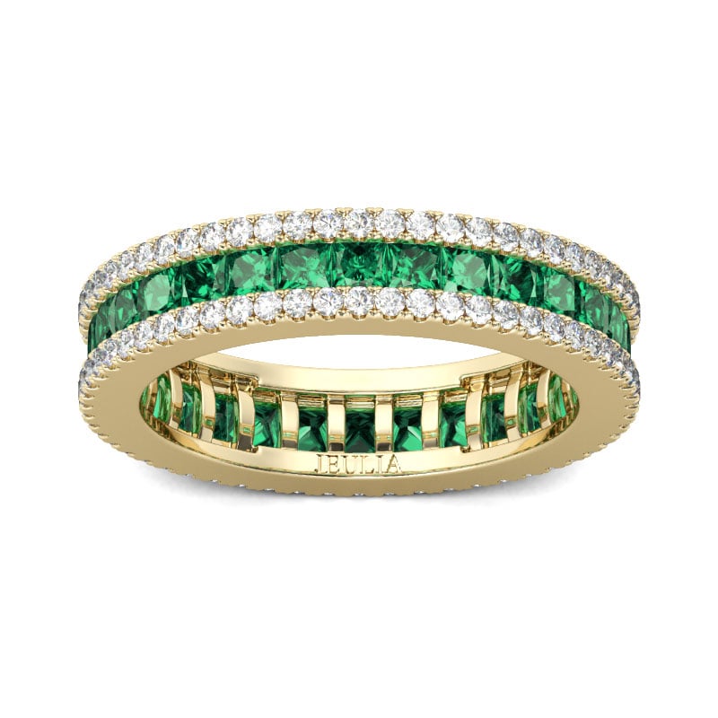 Vintage Gold Tone Silver Women's Wedding Bands with Diamond White & Emerald Green Stones