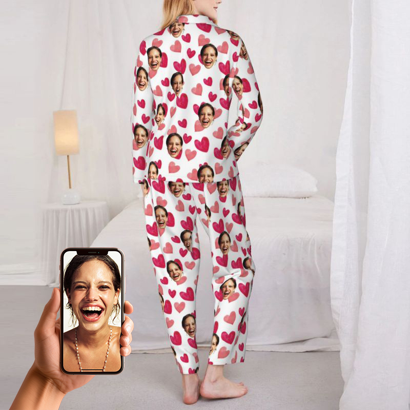Personalized Pajamas Custom Photo Pink Love Heart Style Design Vibrant Cute Gift for Her Family