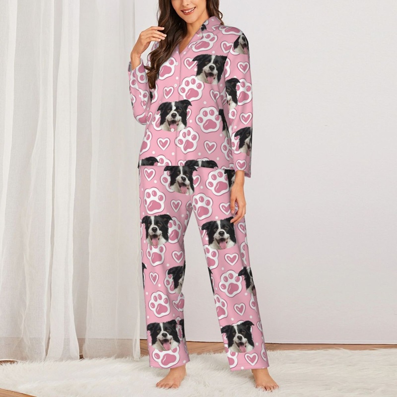 Gepersonaliseerde pyjama met foto van huisdieren Roze hartjes en pootafdrukken Leuk cadeau voor dierenliefhebbers