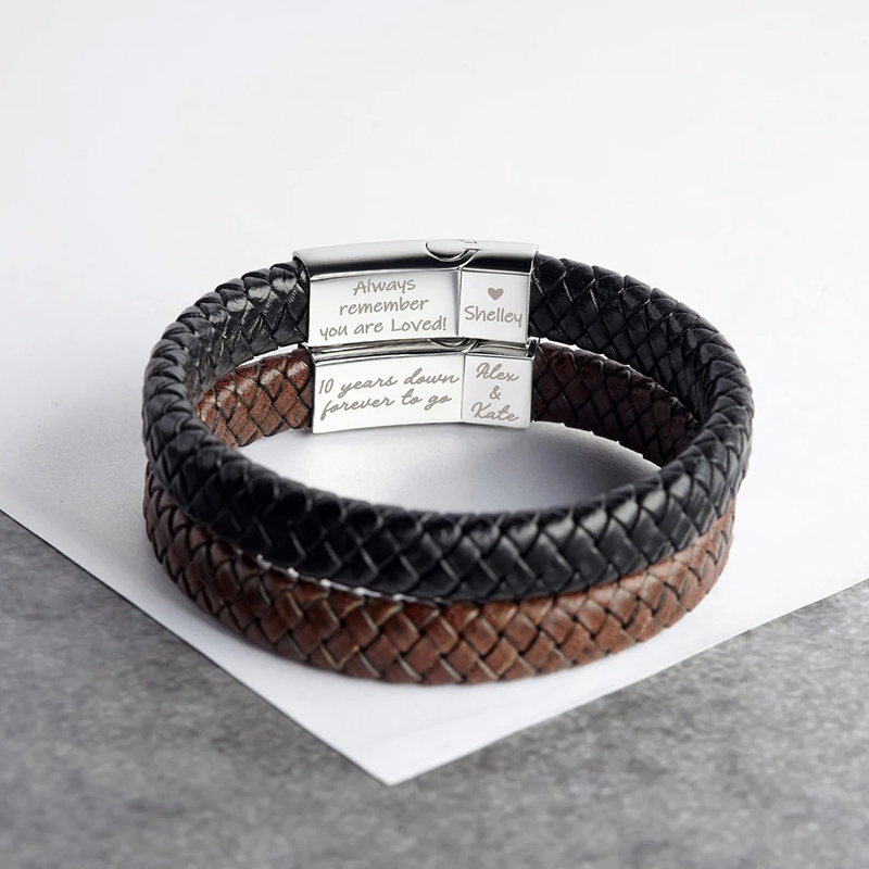 Personalized Braided Leather Men's Bracelet Custom Engraving For Boyfriend