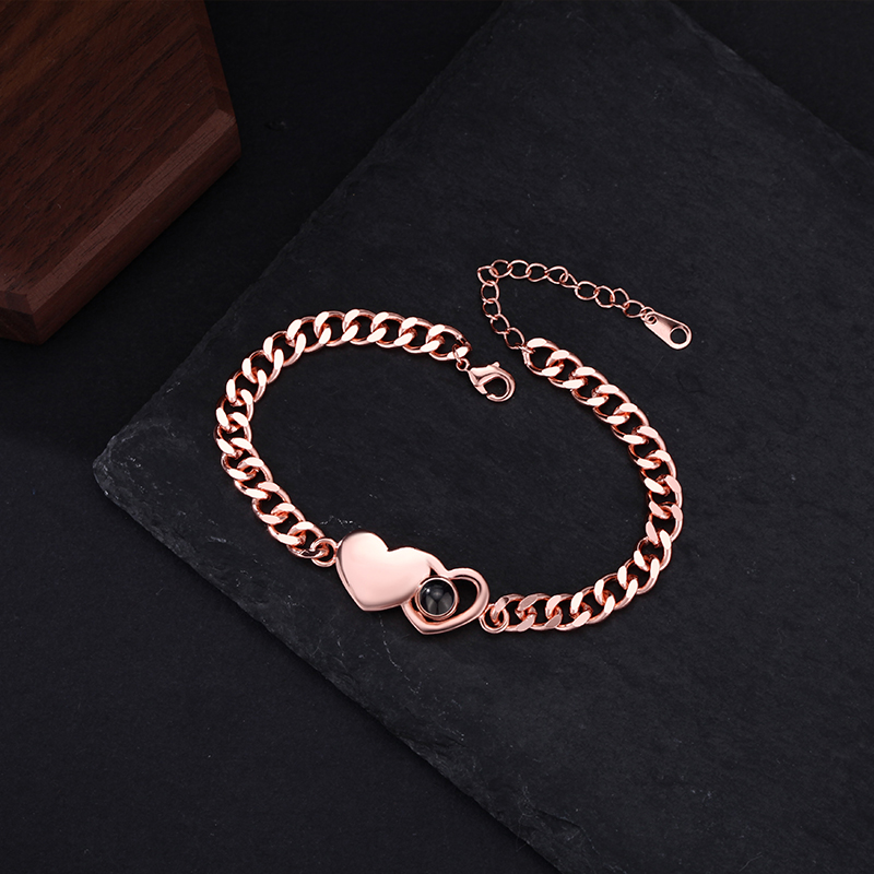 Personalized Projected Picture Bracelet With Double Layer Heart-Shaped Pendant Gift For Boyfriend