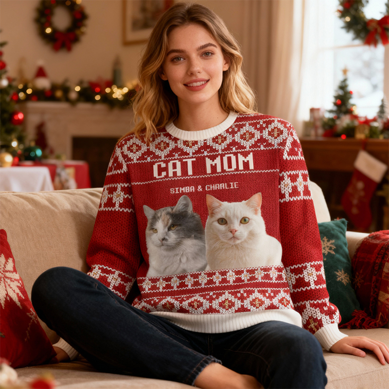 Pull moche personnalisé unisexe avec photos d'animaux domestiques motif rouge festif cadeau de Noël idéal pour les amoureux des animaux
