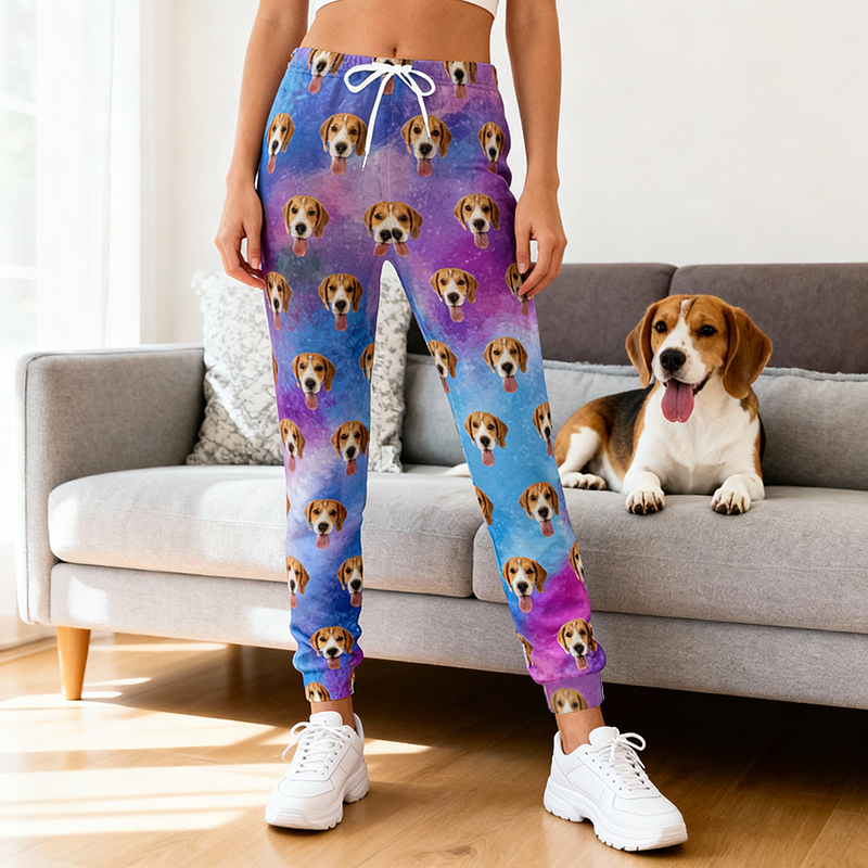 Gepersonaliseerde unisex joggingbroek met foto naar keuze Kleurrijk tie-dye-ontwerp Cadeau voor dierenliefhebbers