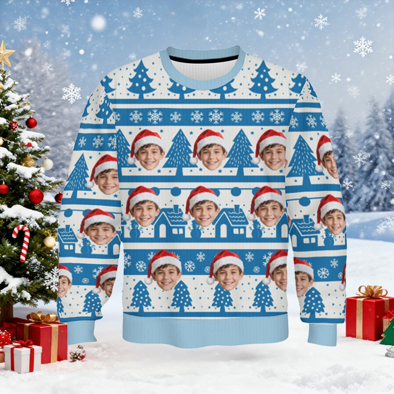 Gepersonaliseerde lelijke trui unisex met eigen gezichtsfoto blauw sneeuwlandschap ontwerp perfect kerstcadeau voor familie