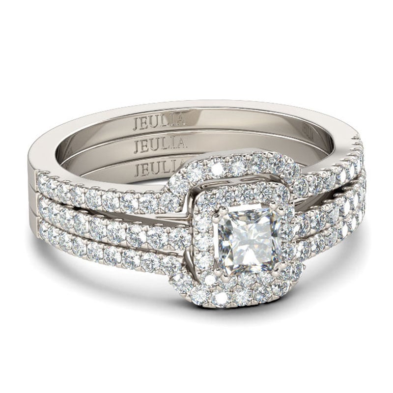 Gleaming 3PC Halo Princess Cut Sterling Silver Wedding Ring Set