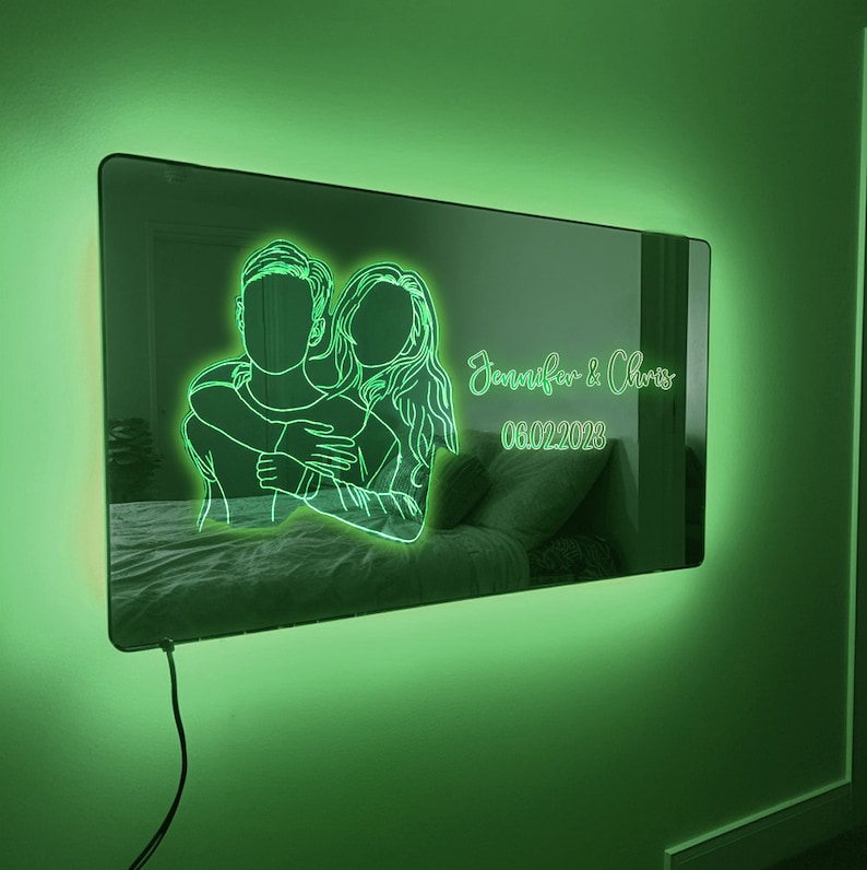 カスタマイズ 写真 文字 日付 LED ミラー 発光 ライト 壁掛け 12色変化 屋内装飾 リモコン付き 壁フック付き