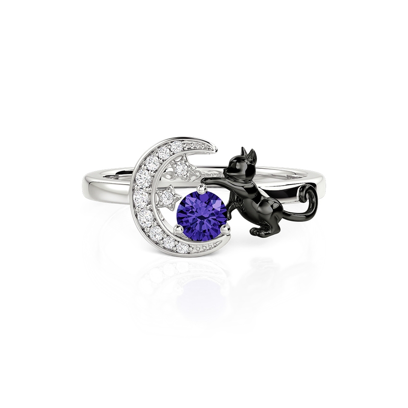 Jeulia Custom Black Cat Moon and Star Ring With Birthstone