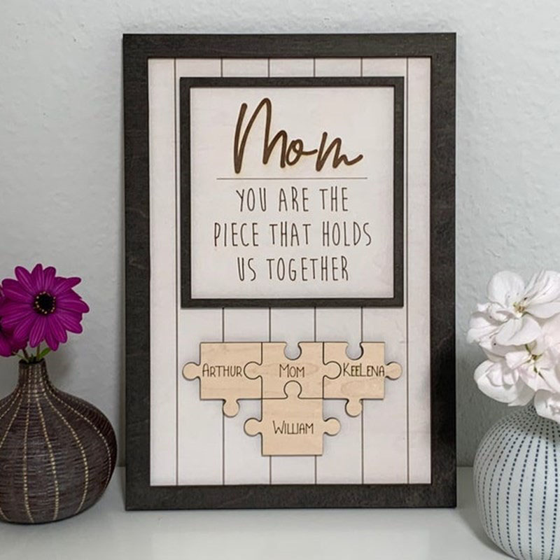 "Mom Is The Piece Holds Us Together" Custom Puzzles Pieces Name Khaki Frame Mother‘s Day Gift