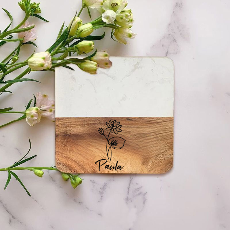 Personalized Square Coaster with Custom Birth Flower Marble Splicing Design Great Gift for Her