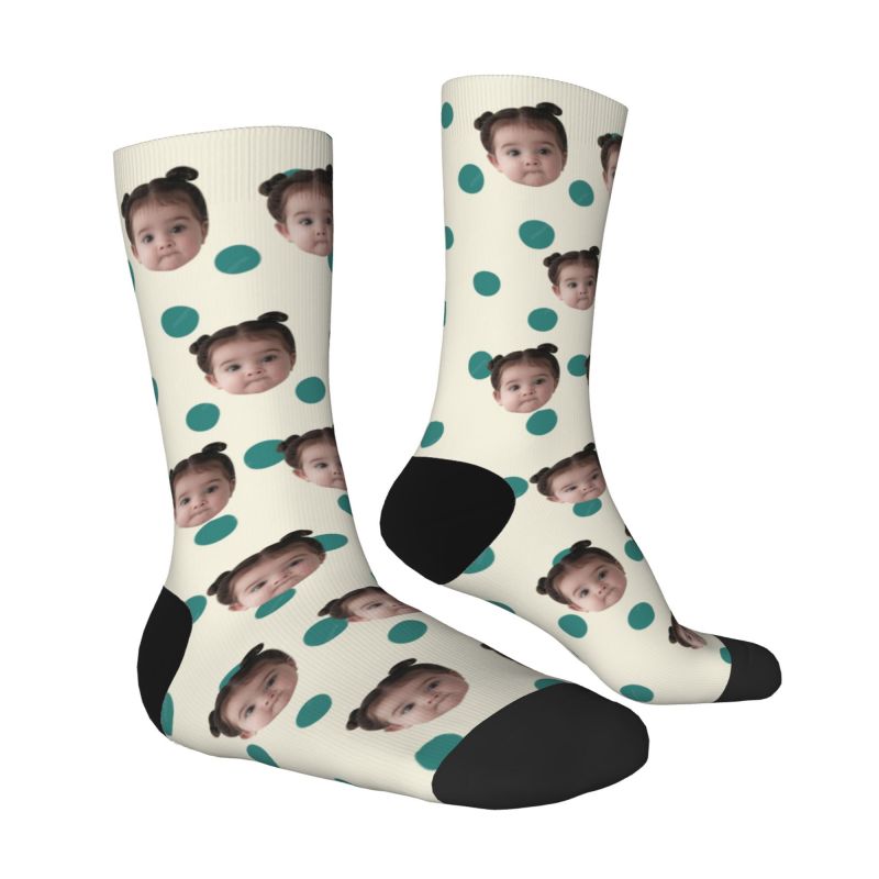 Customized Photo Socks Breathable Material with Green Polka Dots for Friends