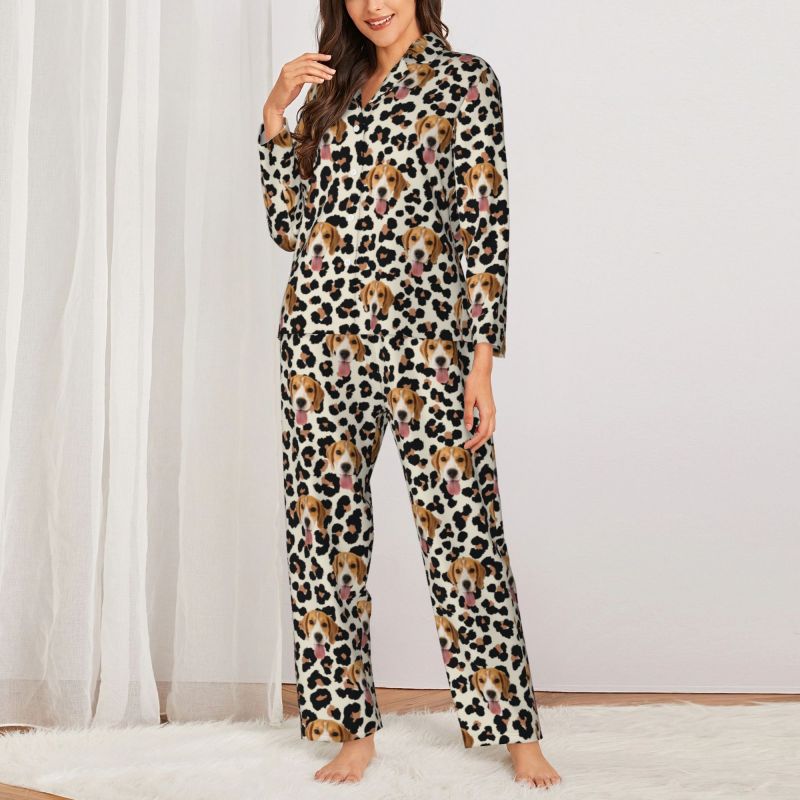 Pijama personalizado con foto de mascota personalizada, estampado de leopardo, diseño elegante, regalo perfecto para su familia