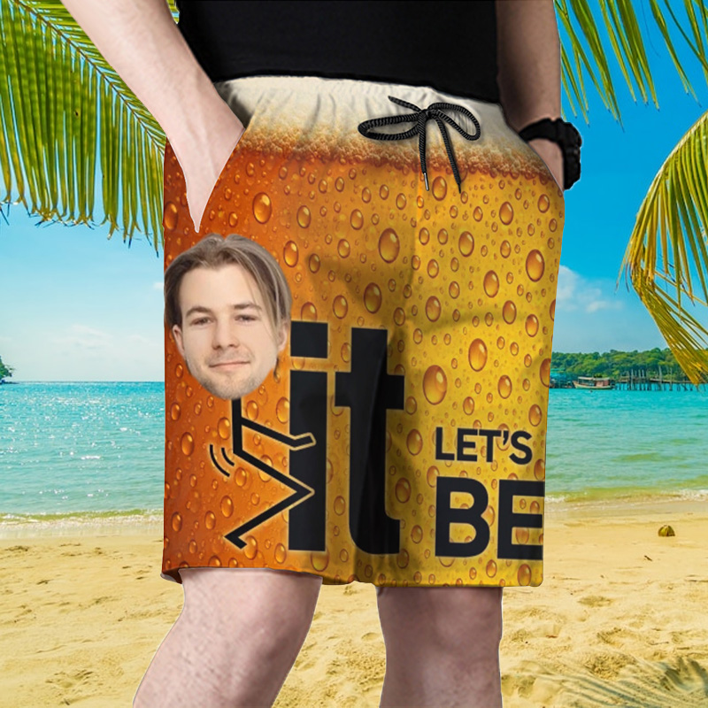 Personalized Picture Men's Beach Shorts with Beer Background Design Creative Gift for Boyfriend