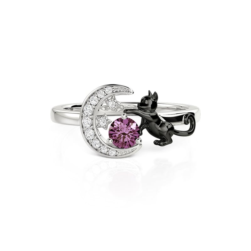 Jeulia Custom Black Cat Moon and Star Ring With Birthstone