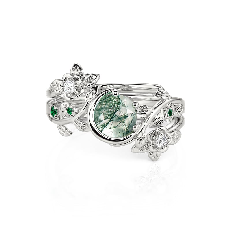 Jeulia Leaf Vine & Rose Round Moss Agate Bridal Ring Set