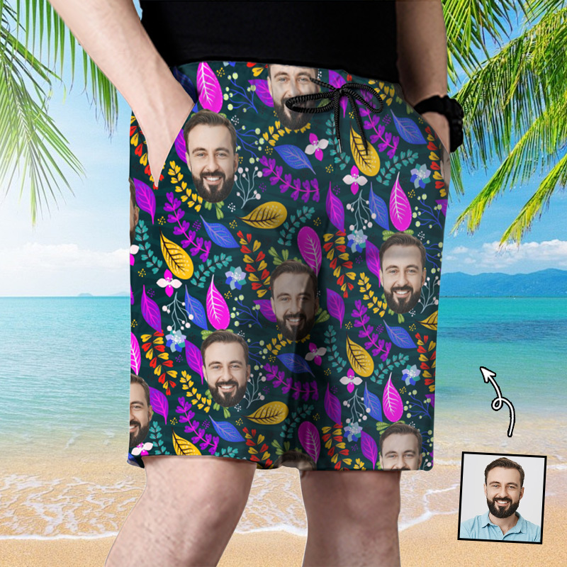 メンズ ビーチ ハーフパンツ 顔 写真 イラスト 似顔絵 オーダー ポリエステル