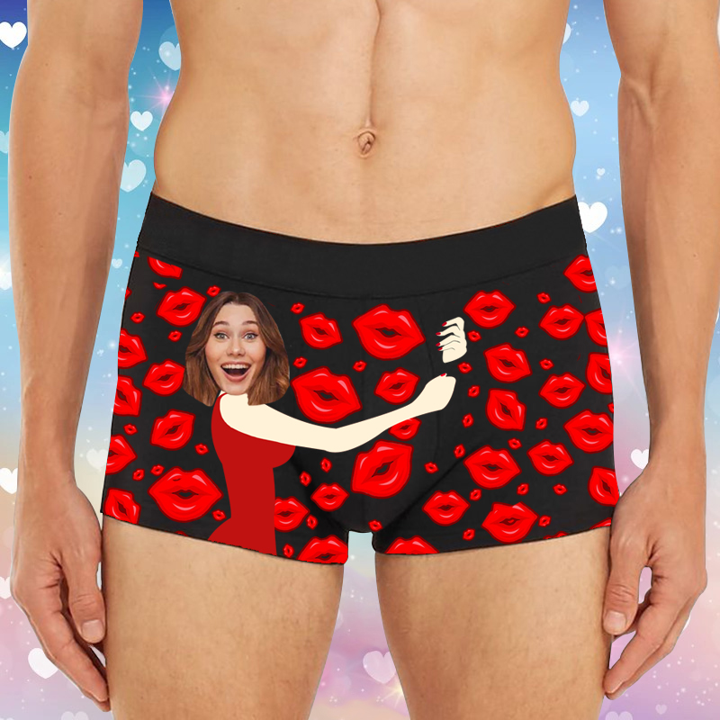 Personalized Picture Men's Underwear Boxer Briefs with Girlfriend Hugs Pattern Romantic Valentine's Gifts