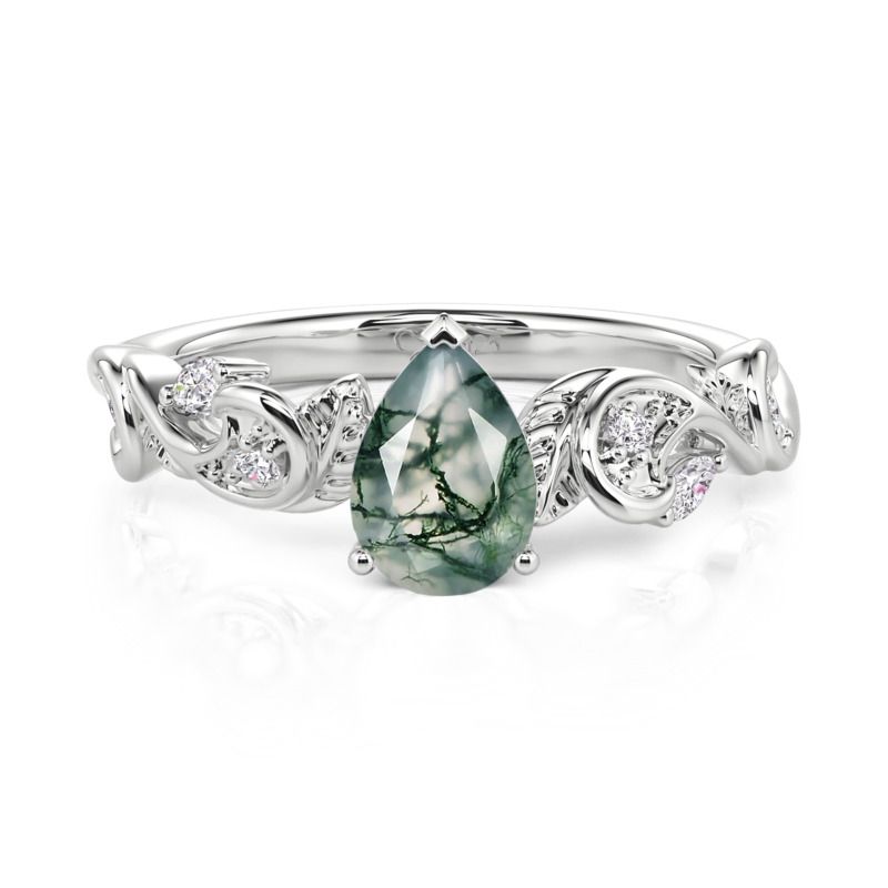 Jeulia Leaf Pear Cut Moss Agate Engagement Ring Sterling Silver