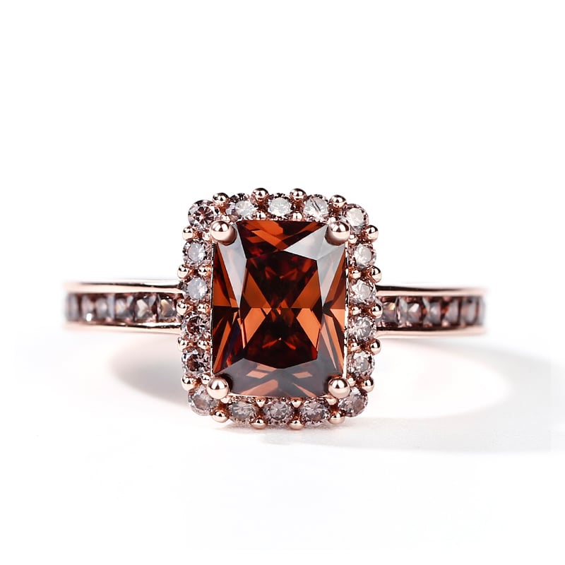 Halo Emerald Cut Silver Promise Rings with Brown Stones