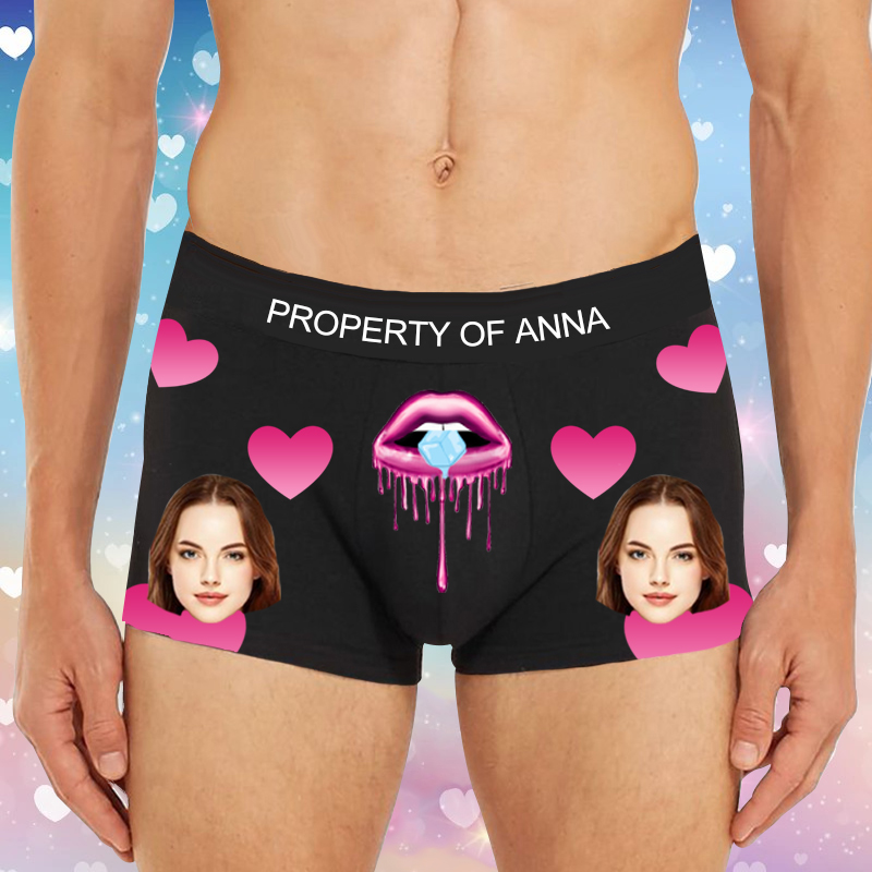 Personalized Picture Men's Underwear Boxer Briefs with Pink Mouth Pattern Sexy Gift for Boyfriend