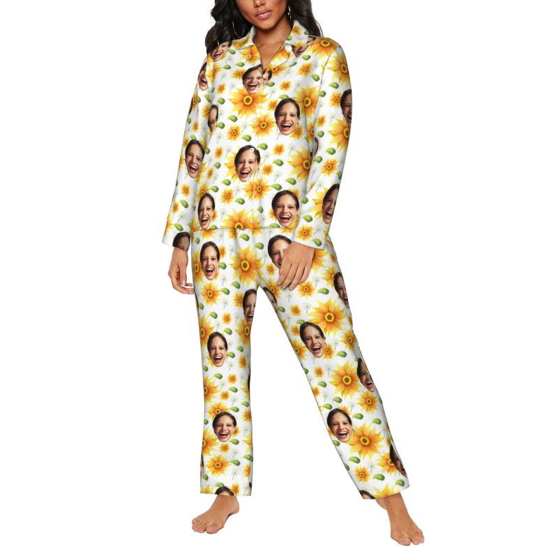 Personalized Pajamas Custom Photo Bright Sunflower Leaves Pattern Design Attractive Gift for Her