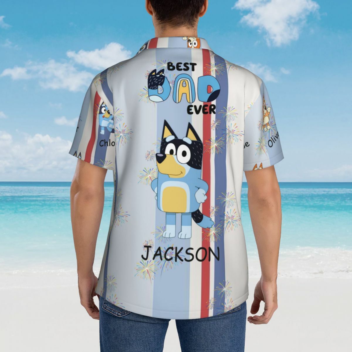Personalized Hawaiian Shirts with Children's Names and Cartoon Patterns for Dad
