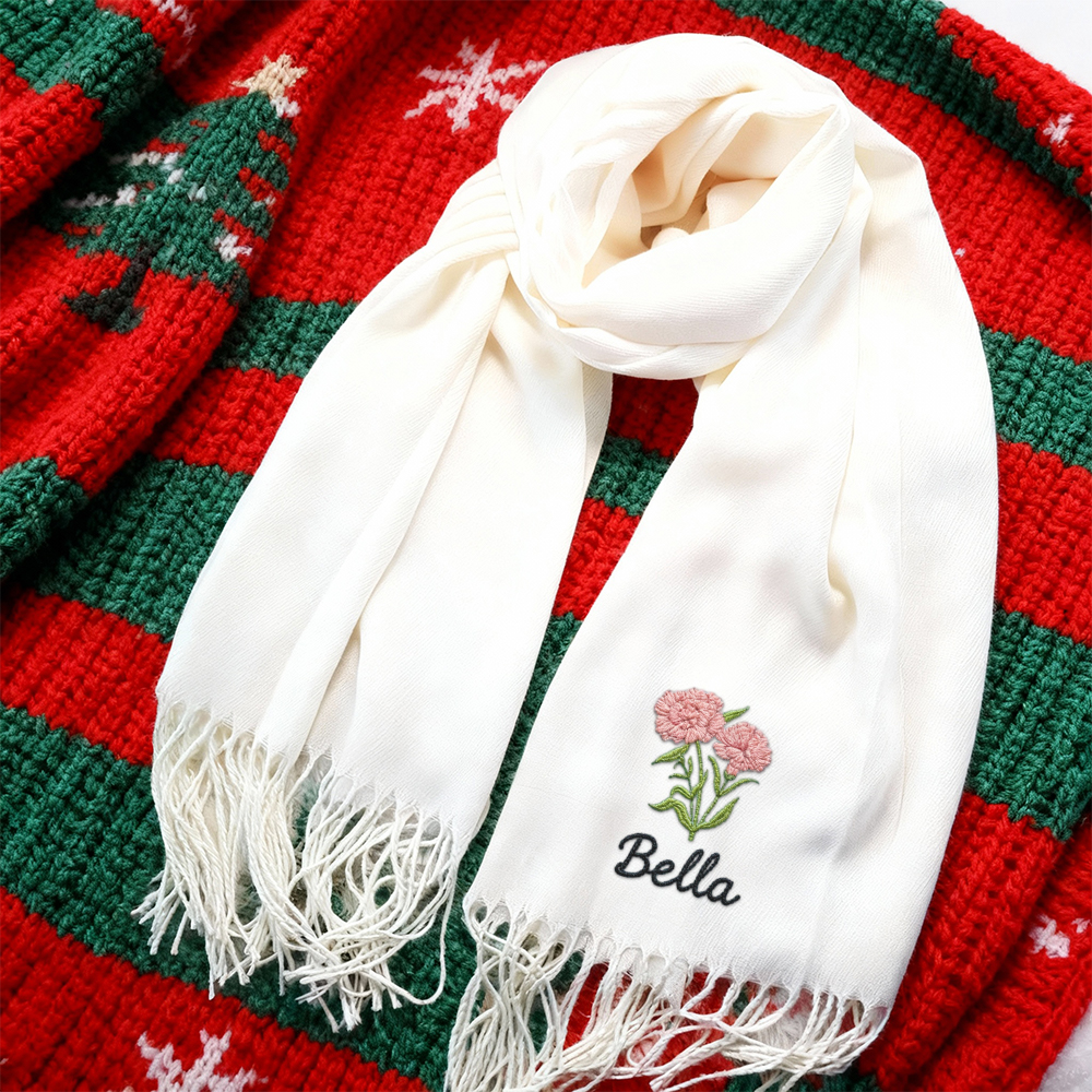 Op maat gemaakte sjaal met geborduurde verjaardagsbloem Uniek cadeau voor verjaardag
