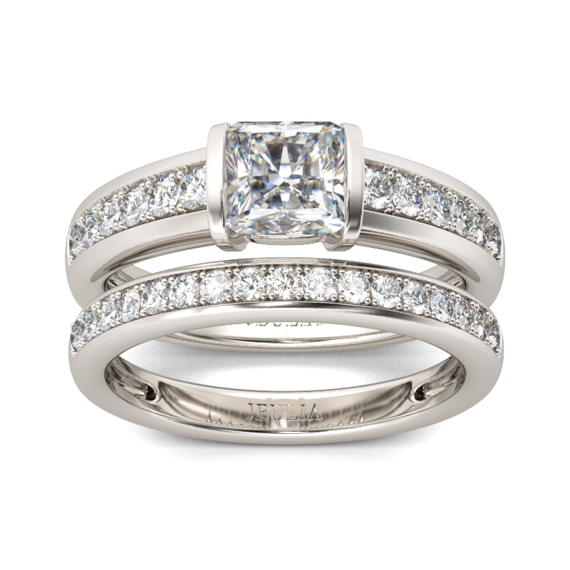Jeulia Tension Set Princess Cut Sterling Silver Ring Set