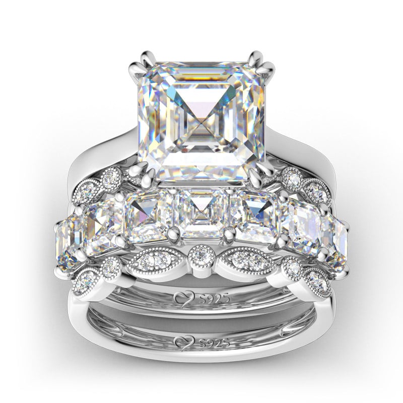 Shiny Asscher Cut Diamond White Wedding Ring Sets in 925 Silver